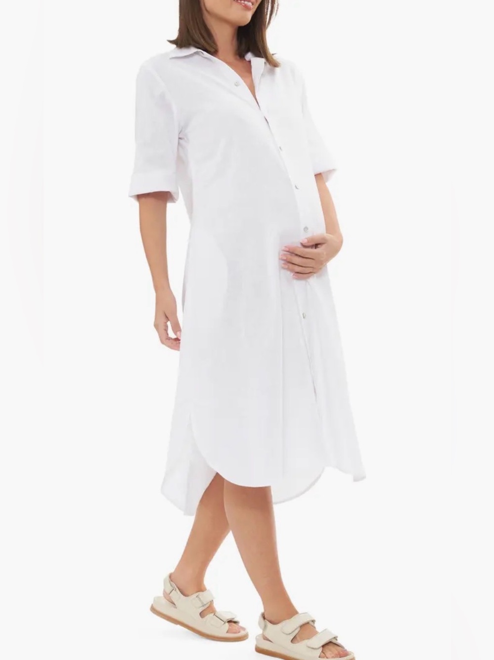 Ripe Maternity Joyce White Button-Front Linen Blend Midi Shirt Dress